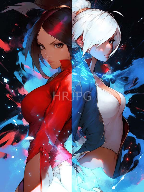 High Resolution: Anime-style artwork features two women split vertically down their center one with brown hair in a red top and the other with white hair wearing a blue jacket exposing ample cleavage download. | HRJPG.com