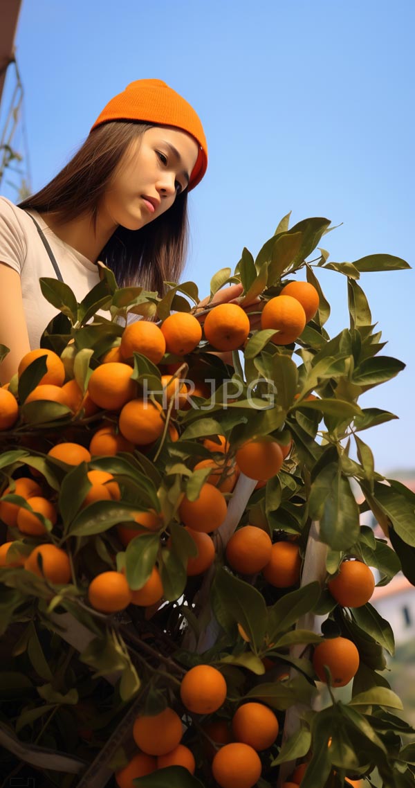 High Resolution: Asian woman with long dark hair wearing an orange beanie and white t-shirt stands outdoors holding branches laden with bright oranges and green leaves download. | HRJPG.com