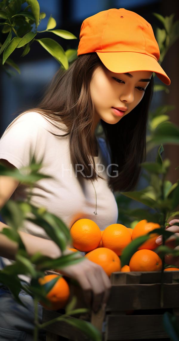 High Resolution: Asian woman with long straight brown hair wears an orange baseball cap and white t-shirt holding several bright oranges in wooden crates surrounded by green leaves download. | HRJPG.com