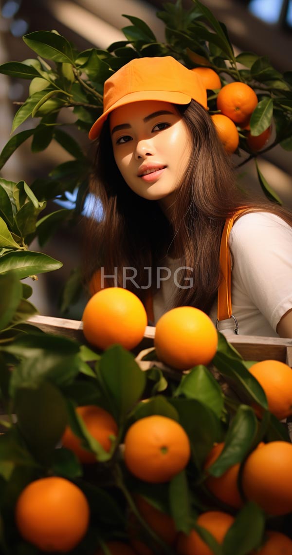 High Resolution: Asian woman with long brown hair wears an orange cap and white shirt under yellow overalls surrounded by lush green leaves bearing numerous bright oranges download. | HRJPG.com