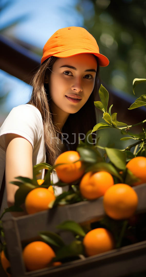 High Resolution: Asian woman with long brown hair wears an orange cap and white t-shirt smiling while holding oranges in wooden crates filled with green leaves against a blurred blue sky download. | HRJPG.com
