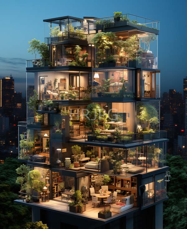 High Resolution: Illuminated multi-story modern apartment building at dusk with glass balconies and lush greenery on each level's rooftop terraces featuring warm interior lighting download. | HRJPG.com
