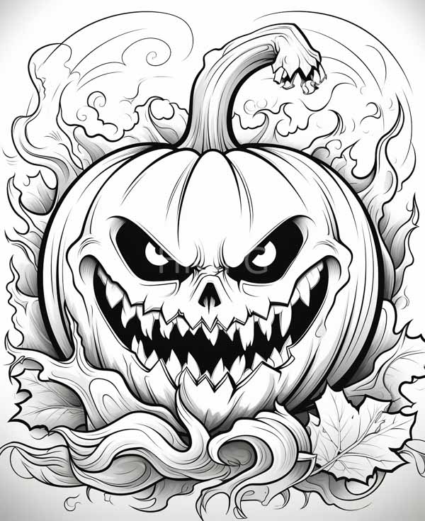 High Resolution: Intricate black-and-white drawing of a menacing stylized jack-o'-lantern with sharp teeth and intense eyes set against swirling smoke-like patterns resembling flames download. | HRJPG.com