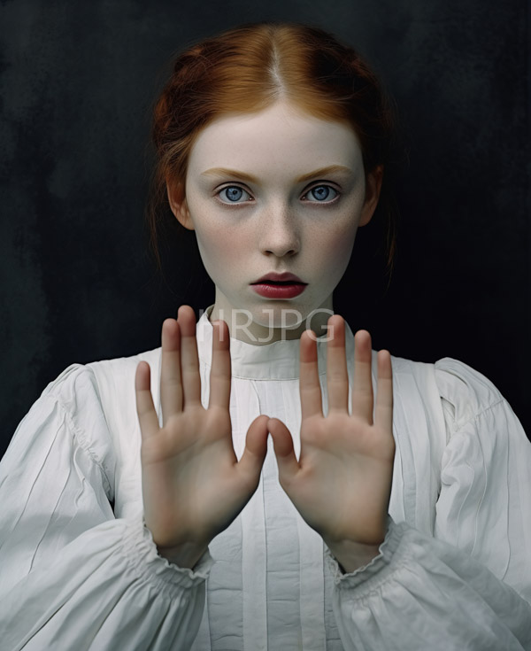 High Resolution: Pale-skinned red-haired woman with blue eyes and freckles against a dark background wears a white Victorian-style blouse with hands raised palms facing forward as if warding off something download. | HRJPG.com