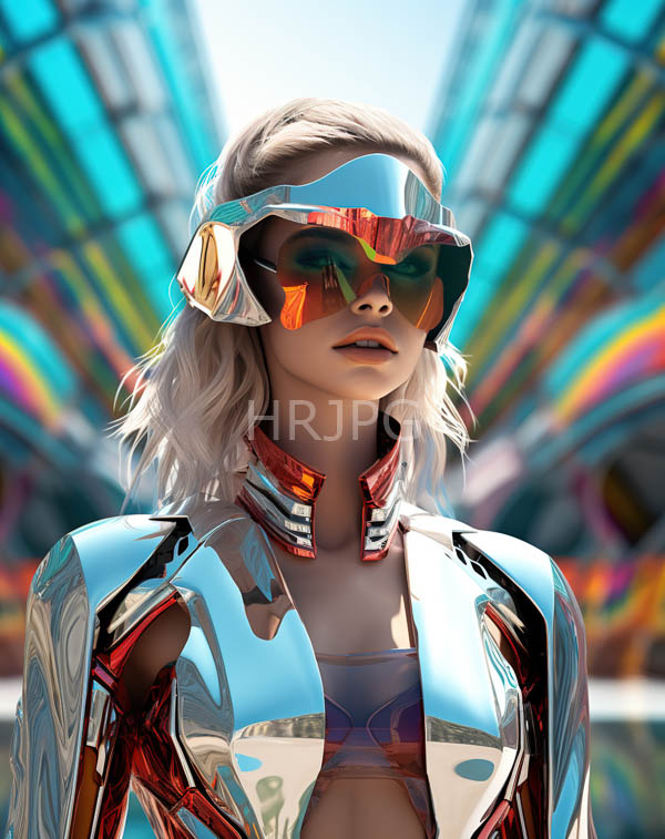 High Resolution: Androgynous light-skinned individual with wavy blonde hair wears reflective metallic sunglasses and a jacket that mirrors vibrant colors from their surroundings download. | HRJPG.com