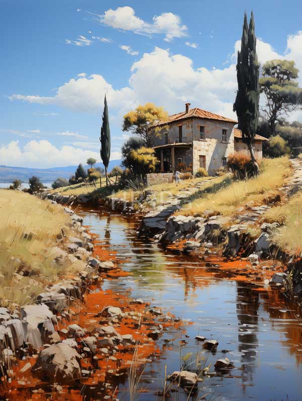 High Resolution: Photorealistic idyllic countryside scene features a rustic stone house with a red-tiled roof surrounded by tall cypress trees and grassy hills with a clear stream reflecting orange aquatic plants download. | HRJPG.com