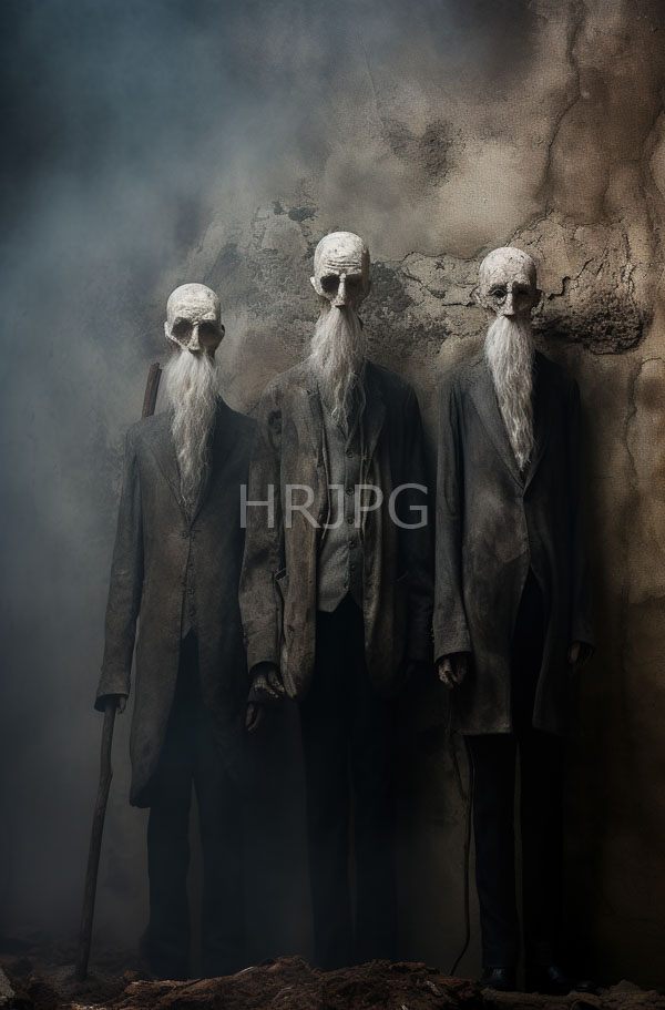 High Resolution: Three skeletal elderly men with long white beards and hollow eyes standing in front of an aged stone wall shrouded by misty smoke wearing tattered dark suits and holding canes download. | HRJPG.com