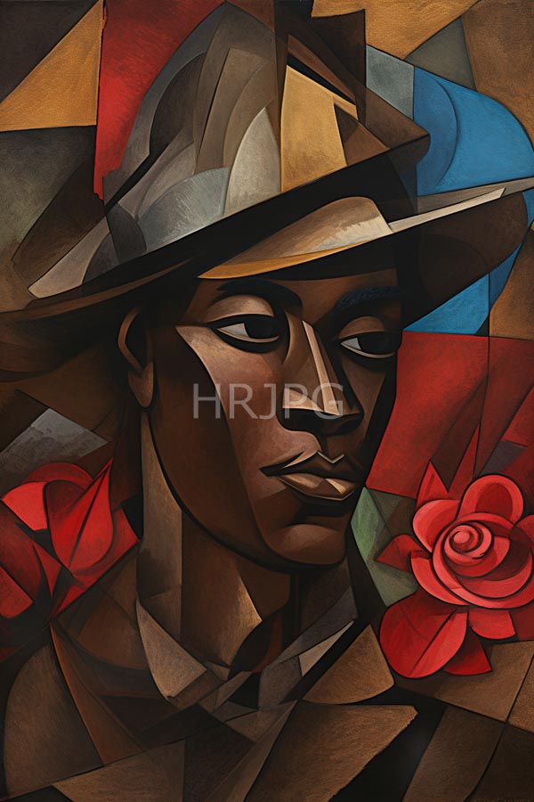 High Resolution: Abstract geometric-style painting of a dark-skinned man with angular facial features and an intense expression wearing a brown hat adorned in red accents download. | HRJPG.com