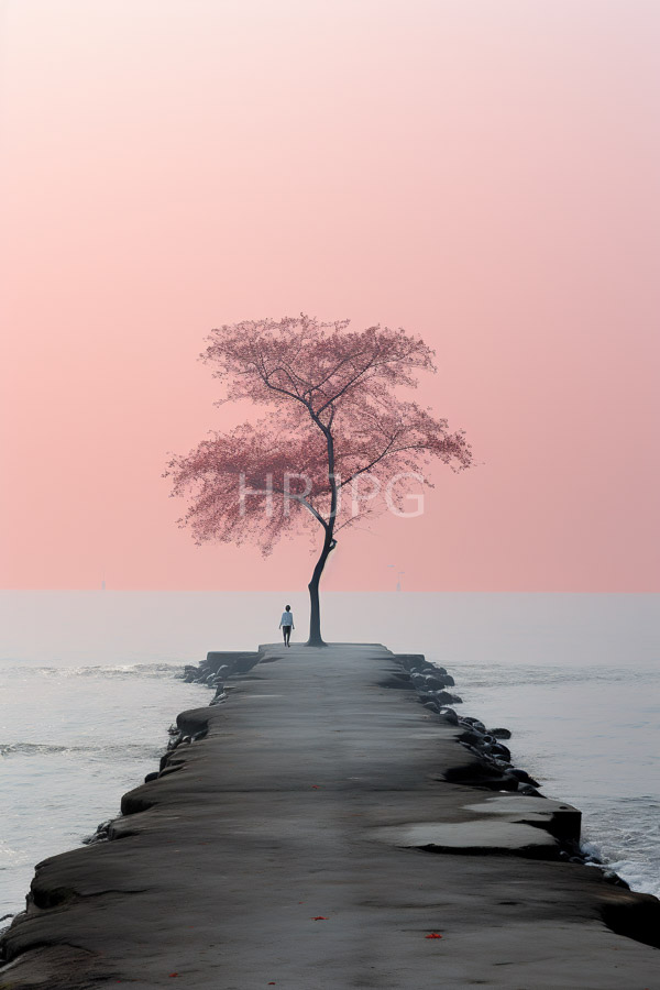 High Resolution: Isolated pink-leafed tree centered on a concrete pier extending into a calm sea under a pastel-pink sky at sunrise or sunset with a lone figure in silhouette standing nearby download. | HRJPG.com