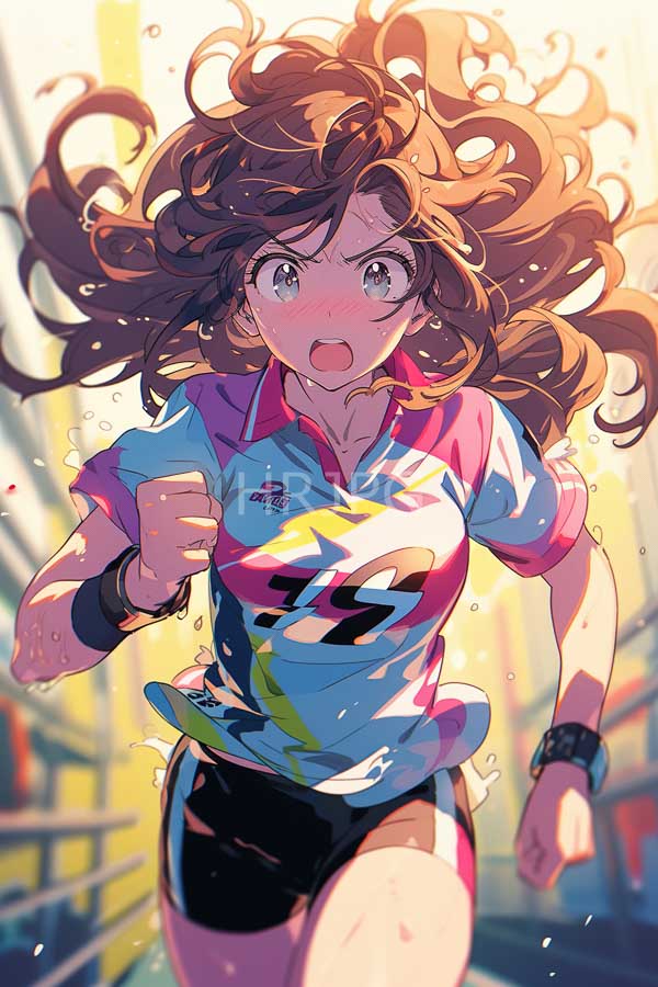 High Resolution: Anime-style drawing of an intense determined young woman with wavy brown hair running outdoors in daylight wears a colorful sports shirt featuring lightning bolt patterns download. | HRJPG.com