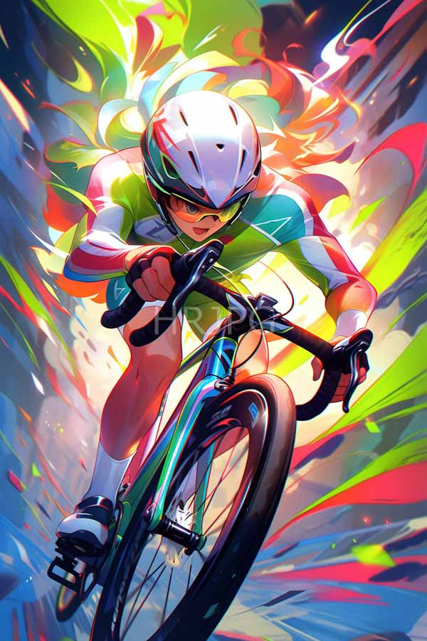 High Resolution: Dynamic illustration of an intense colorful bicycle race scene featuring a focused male cyclist pedaling vigorously downward through swirling abstract light patterns download. | HRJPG.com