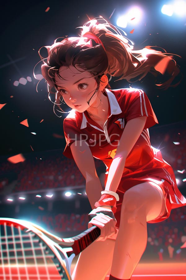 High Resolution: Anime-style illustration of an athletic young woman with brown hair in pigtails wearing a red tennis outfit and white gloves mid-action on court holding a racket amidst falling confetti download. | HRJPG.com