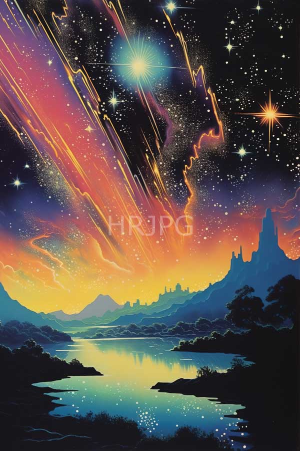 High Resolution: Ethereal night scene features vibrant colorful shooting stars streaking across a starry sky with glowing nebulae above silhouetted mountains and a reflective lake download. | HRJPG.com