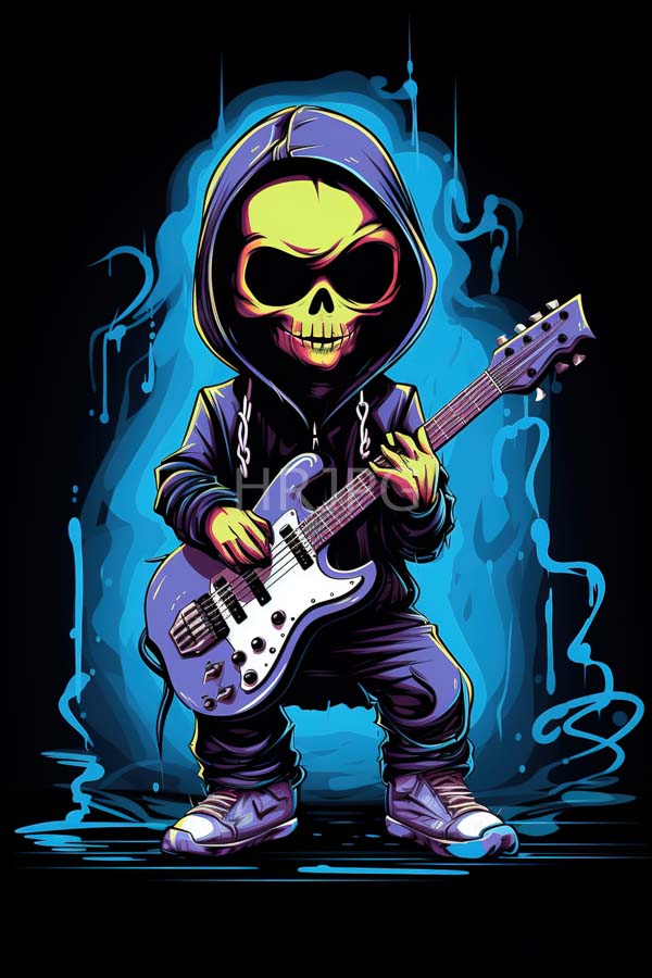 High Resolution: Anthropomorphic green-skinned skull with black sunglasses and yellow teeth plays an electric guitar in punk style attire against a blue glowing background download. | HRJPG.com