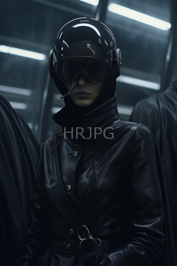 High Resolution: Anonymous dark-skinned woman in black leather gear and a helmet with a visor wears aviator-style goggles over her eyes inside dim metallic surroundings download. | HRJPG.com