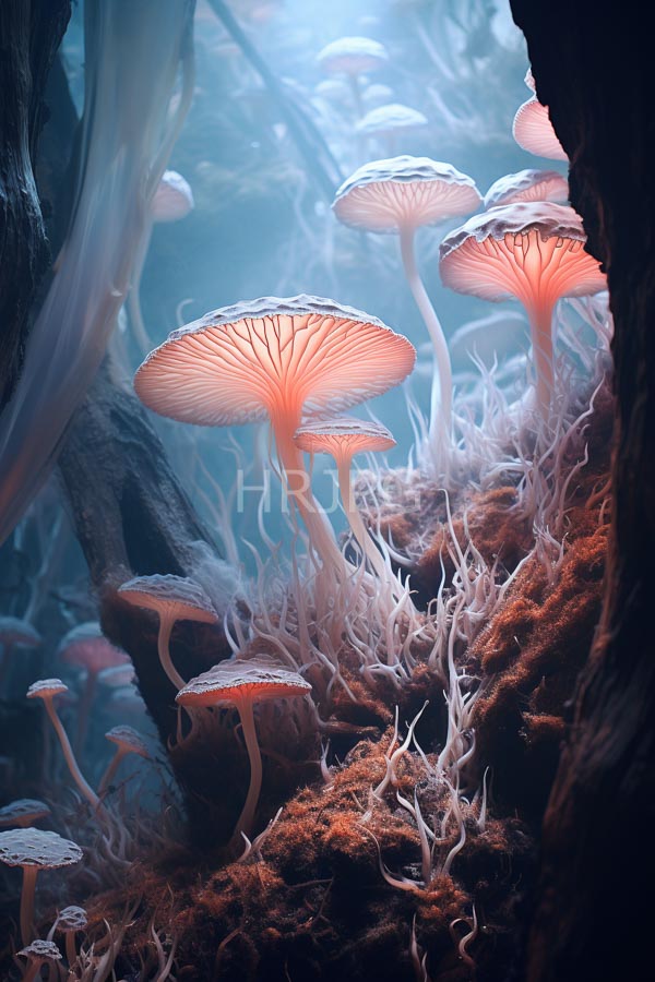 High Resolution: Ethereal underwater forest scene features glowing pinkish-orange mushrooms with delicate white gills and slender stems growing amidst moss-covered rocks download. | HRJPG.com