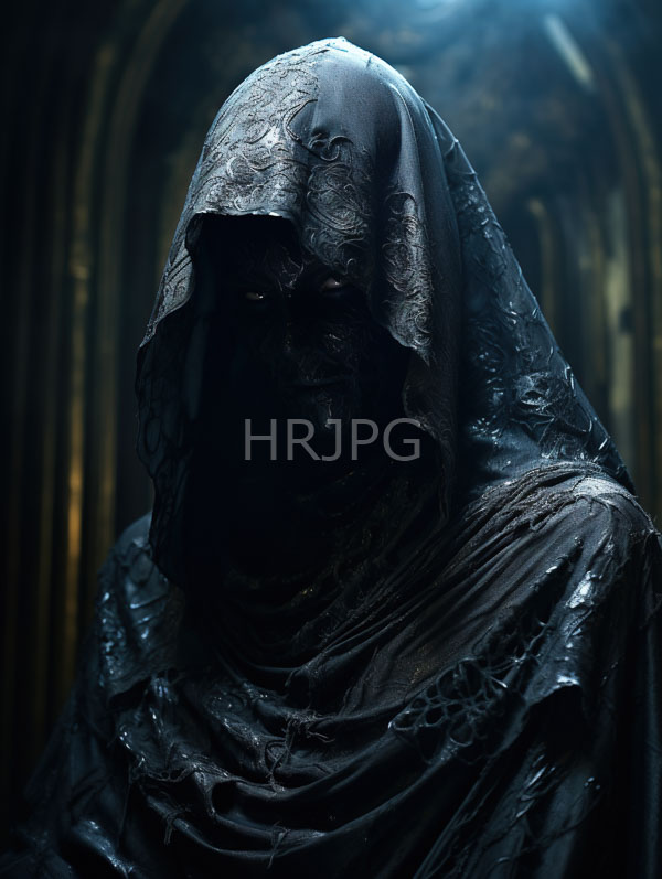 High Resolution: Ominous dark bronze statue with intricate textures and patterns on its hooded cloak and a shadowy face partially visible under dim lighting in an arched background download. | HRJPG.com