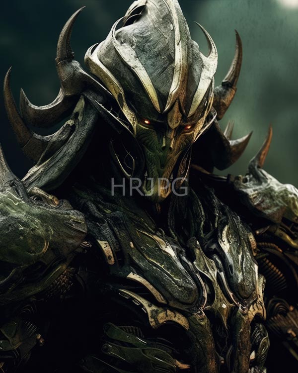 High Resolution: Photorealistic imposing armored alien warrior with dark green and black metallic armor featuring sharp spikes and glowing red eyes in a low-light setting download. | HRJPG.com