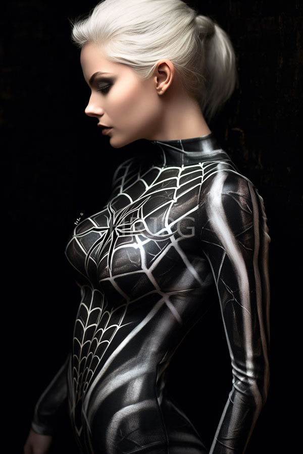 High Resolution: Photorealistic attractive pale-skinned woman with platinum blonde hair in a sleek ponytail wears a tight black latex Spider-Man suit adorned with white web patterns download. | HRJPG.com