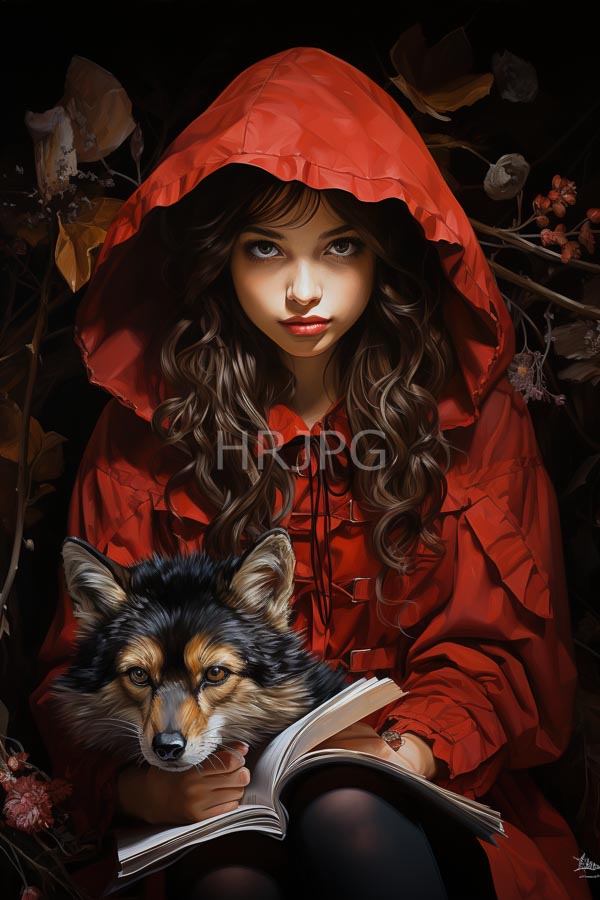 High Resolution: Asian girl with long wavy brown hair and fair skin wears a red hooded cloak sitting amidst autumn leaves holding an open book resting her head on a realistic foxs face download. | HRJPG.com