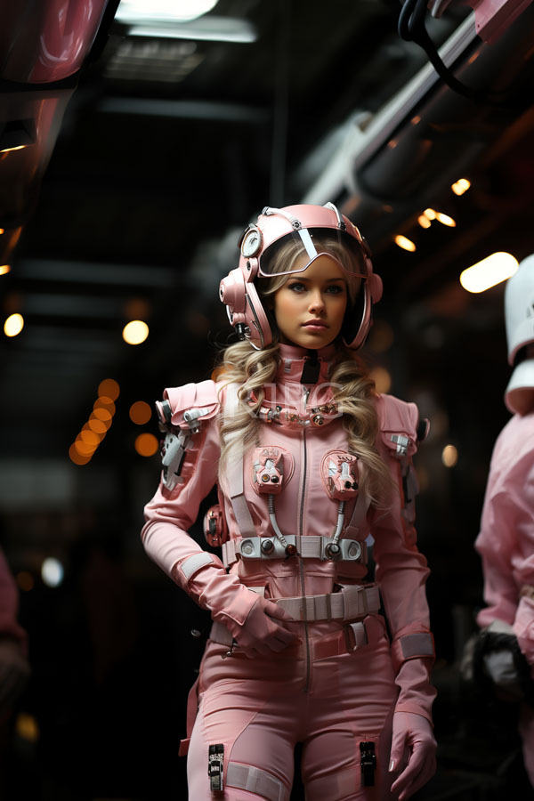 High Resolution: Attractive young woman with long blonde curls wears a pink futuristic spacesuit adorned with metallic accents and buttons with large headphones over her ears in a dim industrial setting download. | HRJPG.com