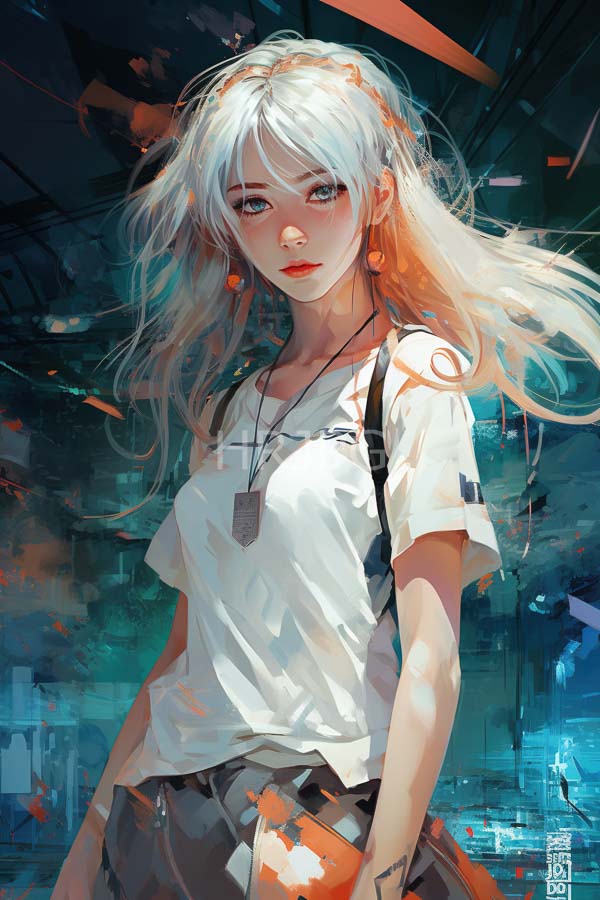 High Resolution: Anime-style young woman with long flowing white hair and blue eyes stands in a futuristic urban setting at night wearing orange earrings and a slightly oversized white shirt download. | HRJPG.com