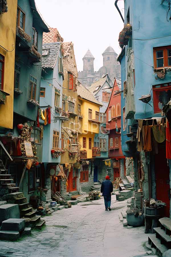 High Resolution: Narrow cobblestone alley in a colorful European village with steep-roofed buildings painted blue yellow red and hanging laundry with a solitary man walking away from the camera download. | HRJPG.com