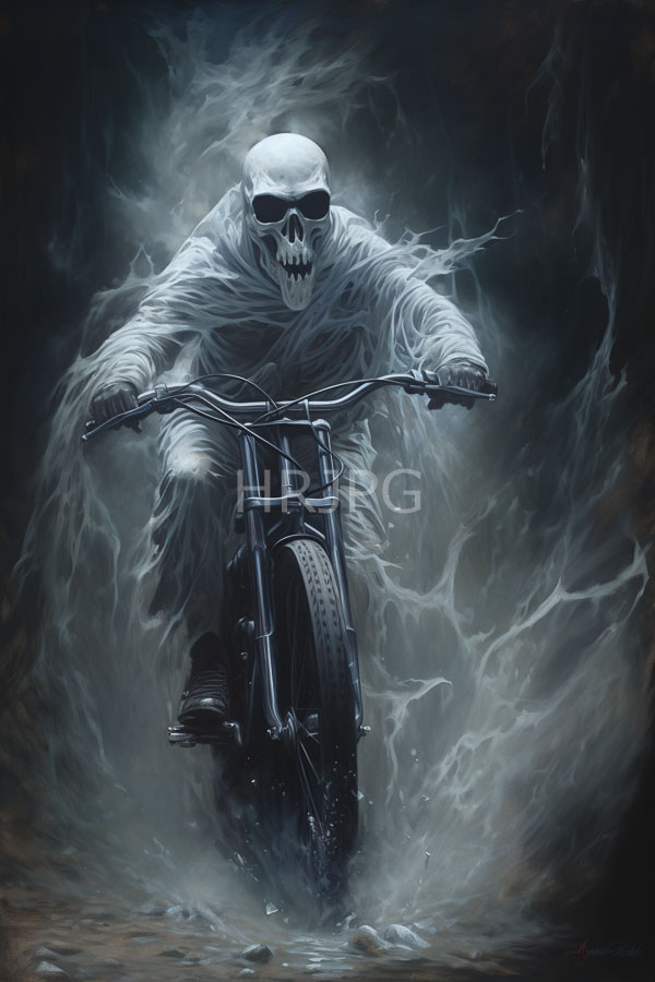 High Resolution: Eerie skeletal figure with glowing eyes and tattered white robes rides a black bicycle through swirling gray mist against a dark background download. | HRJPG.com