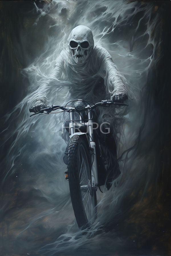 High Resolution: Eerie skeletal figure with hollow eyes and exposed teeth rides a silver bicycle through swirling dark clouds of misty smoke against a storm-like background download. | HRJPG.com