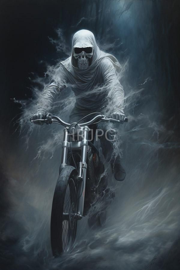 High Resolution: Eerie skeletal figure in tattered white robes rides a rugged motorcycle through swirling mist and darkness with its skull-like face obscured by shadows download. | HRJPG.com