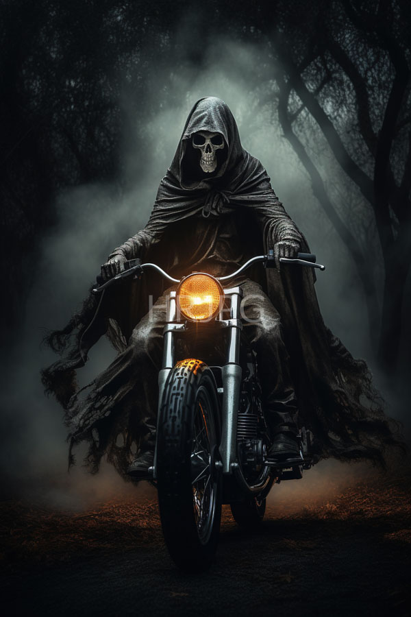High Resolution: Eerie skeletal figure dressed in tattered black robes and a hood rides a vintage motorcycle with a glowing orange headlight through a foggy forest at night download. | HRJPG.com