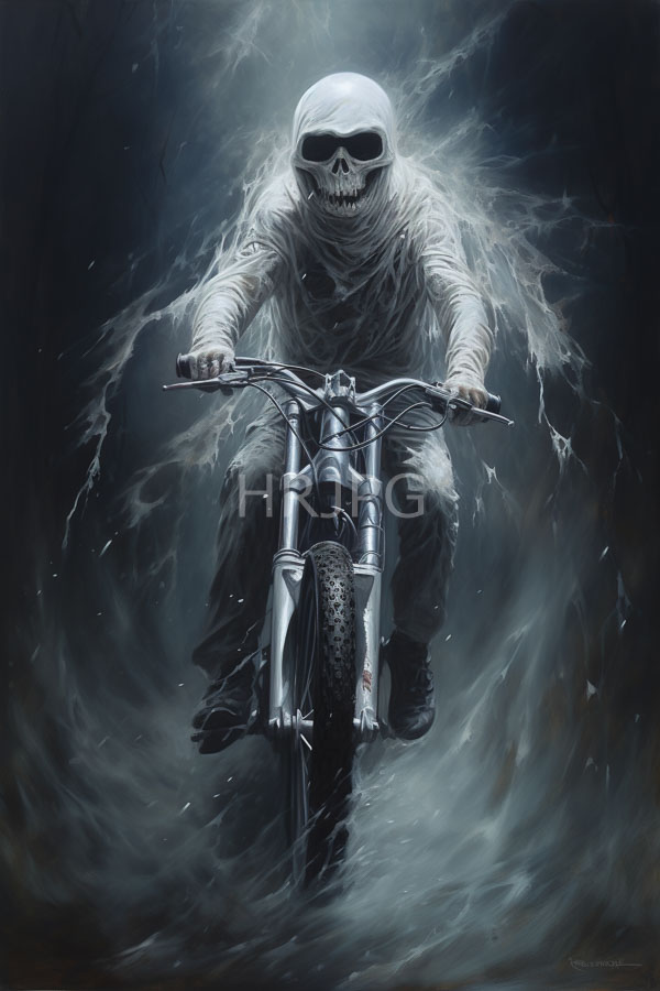High Resolution: Eerie skeletal figure with glowing eyes and tattered white robes rides a silver motorcycle through swirling dark clouds gripping the handlebars firmly download. | HRJPG.com