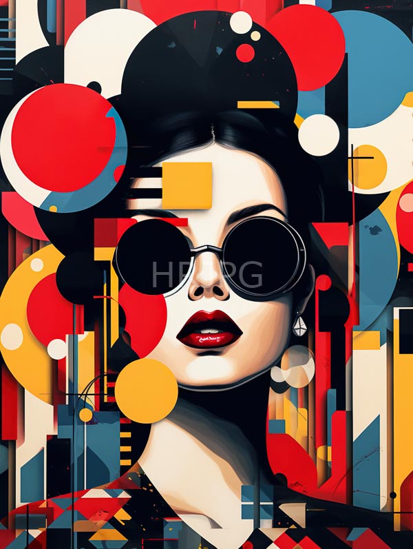 High Resolution: Asian woman with pale skin black hair in geometric patterns wears large round sunglasses and bold red lips with diamond-shaped earrings against a vibrant abstract background download. | HRJPG.com