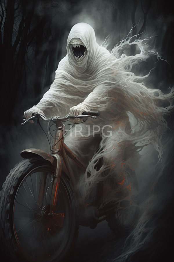 High Resolution: Eerie ghost-like figure with sharp teeth and a white hooded cloak rides a rusty red motorcycle through a dark forest at night with mist swirling around its ethereal form download. | HRJPG.com
