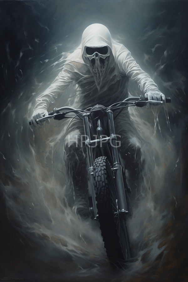 High Resolution: Ominous hooded figure with a skeletal face and dark sunglasses rides a black motorcycle through swirling misty fog at night wearing tattered white clothing download. | HRJPG.com