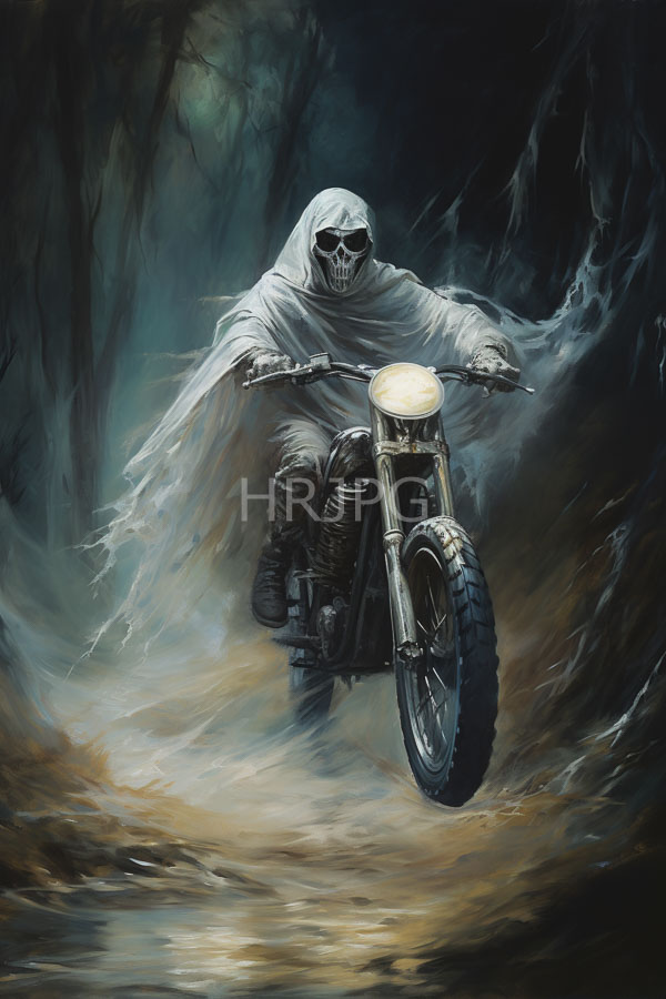High Resolution: Eerie skeletal figure in tattered white robes rides a vintage motorcycle through a dark forest at night with its skull-like face menacing and shadowed download. | HRJPG.com