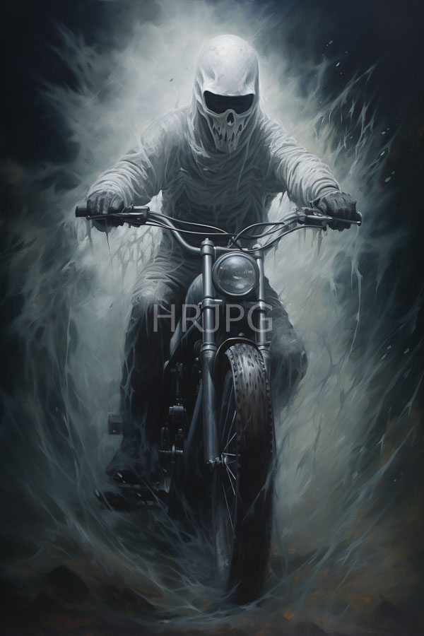 High Resolution: Anonymous skeletal-masked biker in white bandages rides through swirling fog on a black motorcycle with a prominent front headlight and rugged tires download. | HRJPG.com
