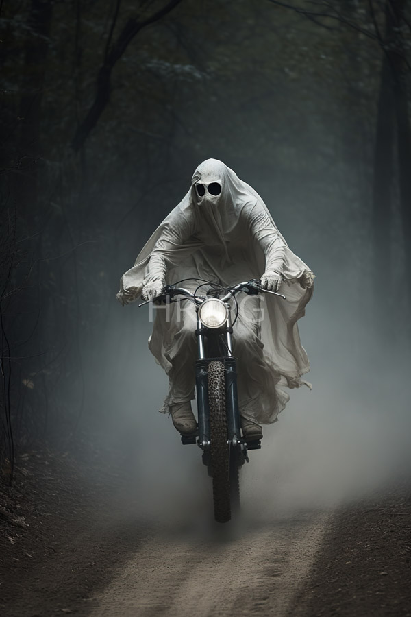 High Resolution: Ghost-like figure in a white hooded cloak and mask rides an old-style motorcycle on a foggy forest path with dark trees framing the background download. | HRJPG.com