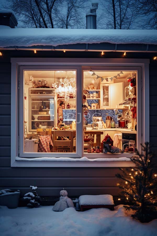 High Resolution: Illuminated snow-covered house window at night shows a cozy interior with Christmas decorations and warm lighting with shelves filled with ornaments and books download. | HRJPG.com