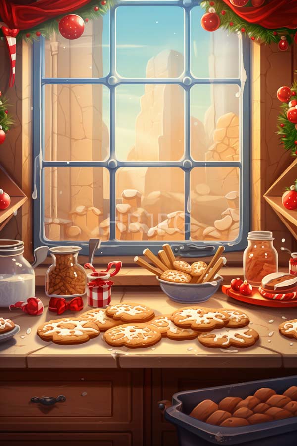 High Resolution: Cozy kitchen window scene decorated for Christmas with red ornaments and garlands and wooden countertops holding various cookies dusted in white sugar download. | HRJPG.com