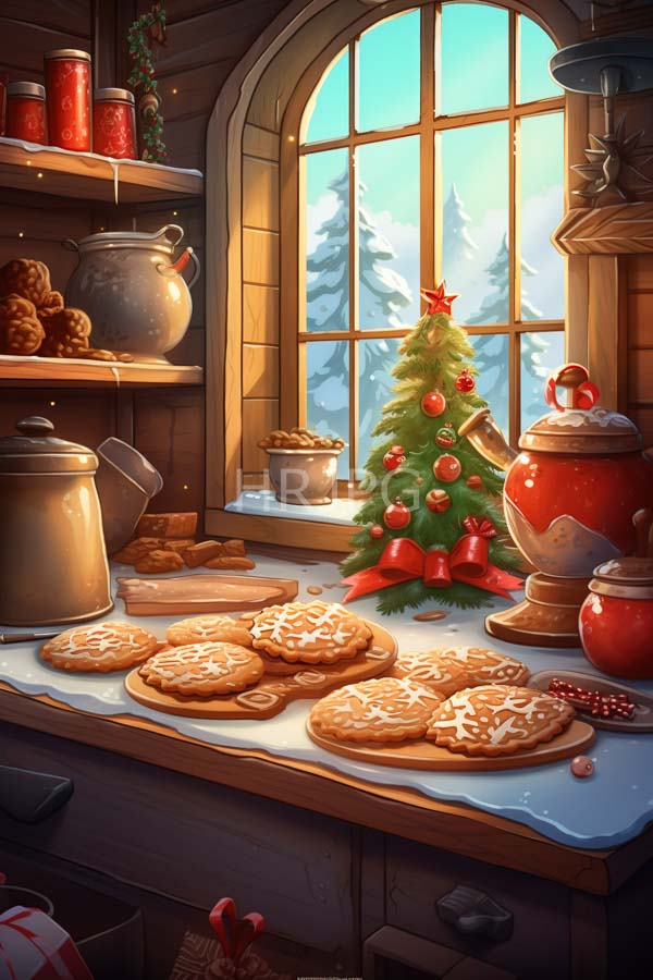 High Resolution: Cozy wooden kitchen with an arched window showing snowy mountains a decorated Christmas tree and a countertop holding nine snowflake-patterned cookies download. | HRJPG.com