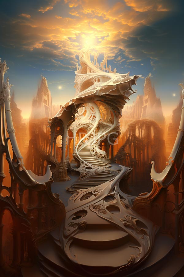High Resolution: Ethereal spiraling staircase with ornate carvings leads to a glowing sunlit structure in a fantasy landscape of jagged mountains and golden clouds at sunset download. | HRJPG.com