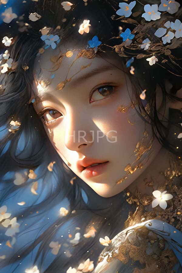 High Resolution: Ethereal young woman with fair skin delicate features and large brown eyes gazing softly with long black hair adorned by small white flowers and golden seed pods download. | HRJPG.com