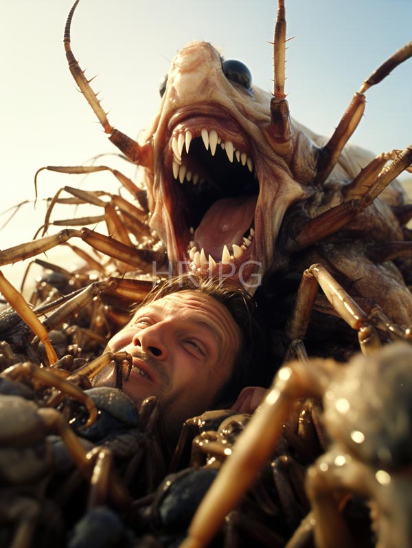 High Resolution: Terrified man with brown hair and a beard eyes closed in fear beneath an enormous monstrous creature resembling a spider-turtle hybrid with sharp teeth download. | HRJPG.com