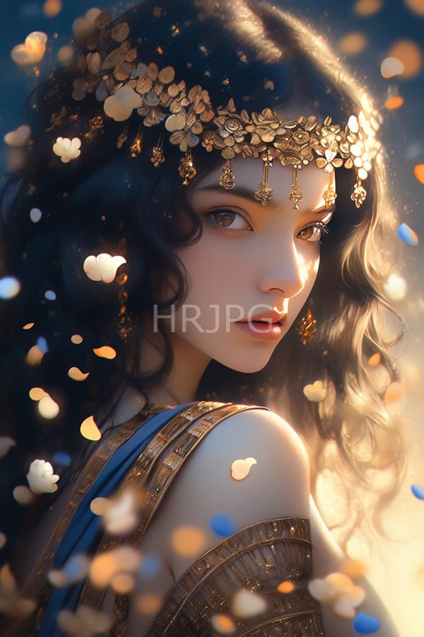 High Resolution: Ethereal young woman with fair skin and wavy black hair adorned in a golden floral headpiece gazes softly over her shoulder wearing ornate blue-gold armor-like clothing download. | HRJPG.com