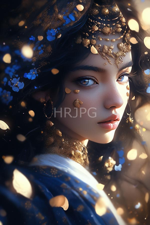 High Resolution: Ethereal young woman with fair skin and striking blue eyes gazes softly to her right with dark wavy hair adorned with golden leaf-like ornaments and delicate features download. | HRJPG.com
