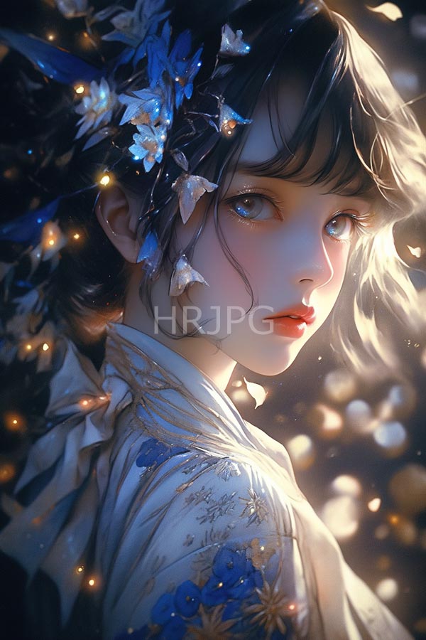 High Resolution: Ethereal young woman with fair skin large blue eyes and red lips gazes softly to her right against a dark background illuminated by glowing fairy lights download. | HRJPG.com
