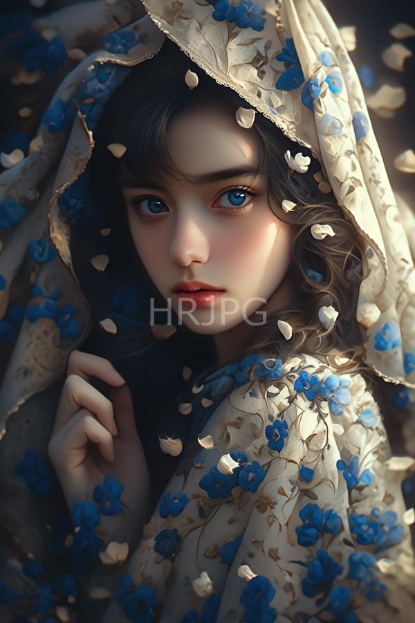 High Resolution: Ethereal young woman with fair skin large blue eyes and soft red lips under delicate light with wavy brown hair partially covered by a beige floral-patterned shawl download. | HRJPG.com