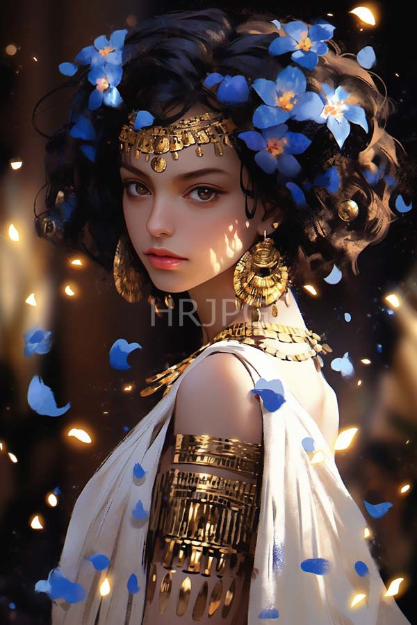 High Resolution: Ethereal dark-haired woman with delicate features and fair skin adorned in gold jewelry and white draped fabric with blue flowers crowning her curly hair download. | HRJPG.com