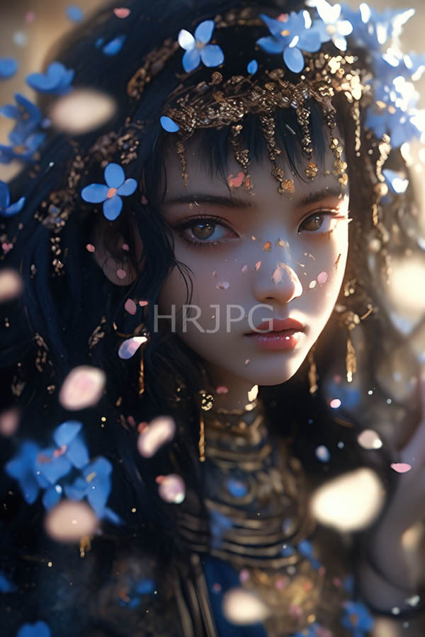 High Resolution: Ethereal young woman with pale skin large blue eyes and dark wavy hair adorned in gold chains and flowers resembling delicate butterflies around her head download. | HRJPG.com